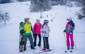 Arralifte Harmanschlag, © Waldviertel Tourismus, Robert Herbst Gruppe von Skifahrern und einem Snowboarder auf einer verschneiten Piste mit Skilift im Hintergrund.