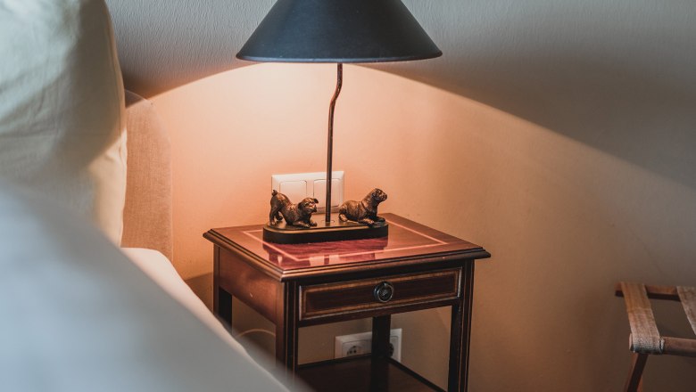 Doppelzimmer mit Schlossblick, © Schlossschenke Nachttisch mit Lampe und Hundeskulpturen in einem Doppelzimmer.