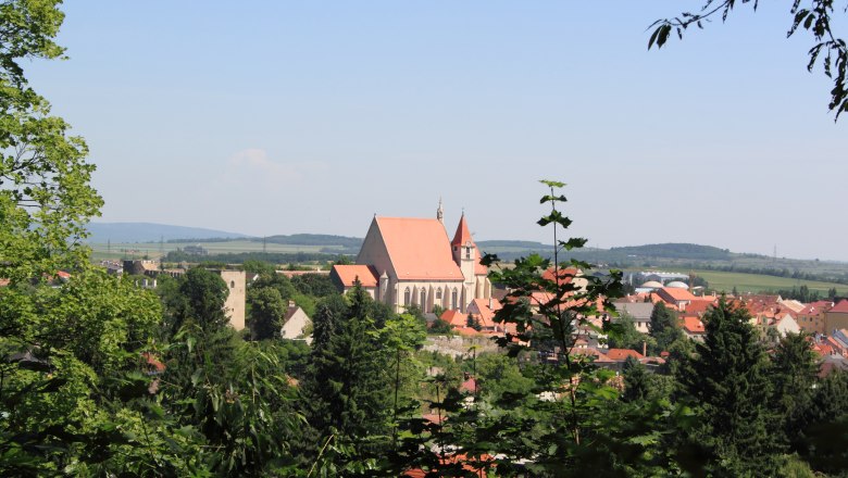 Blick Eggenburg, © C. Dafert Panoramablick auf Eggenburg mit Kirche und umliegenden Gebäuden, umgeben von Bäumen und Hügeln im Hintergrund.