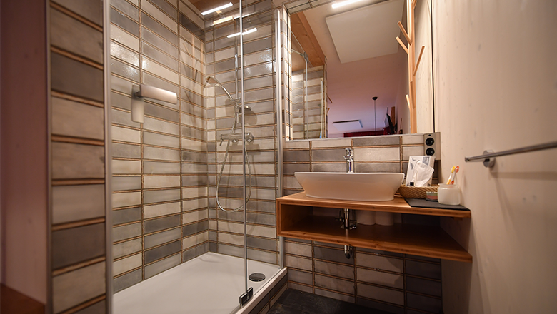 roon_bathroom, © Franz Atteneder Modern bathroom with shower, washbasin and wooden shelf.