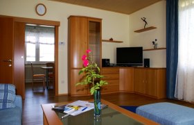 Gästehaus Thaya, © Gästehaus Thaya Wohnzimmer mit Holzmöbeln, Fernseher und Vase mit Blumen.