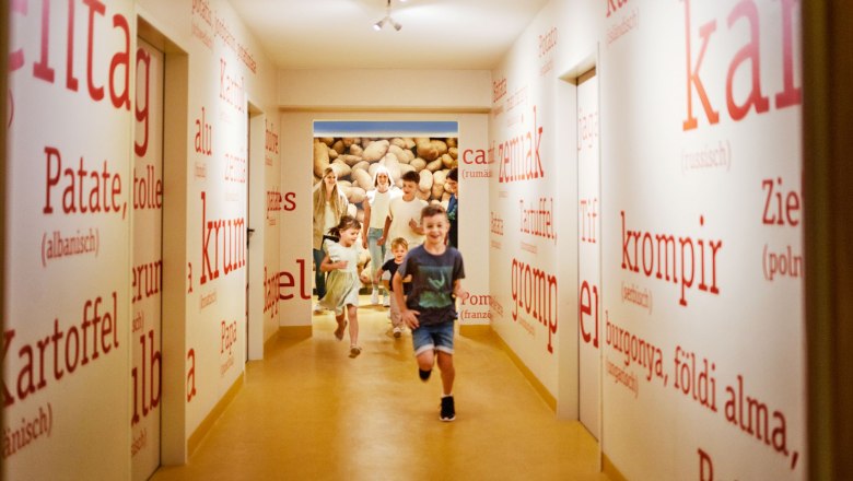 Erdäpfelwelt Schweiggers, © Waldviertel Tourismus, Gerhard Wasserbauer Kinder rennen durch einen Flur mit Erdäpfelwörtern in verschiedenen Sprachen an den Wänden.