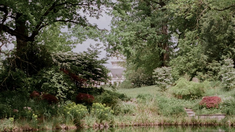 Schlosspark, © Lisa Edi Ein Teich im Schlosspark mit üppiger Vegetation und einem Schloss im Hintergrund.