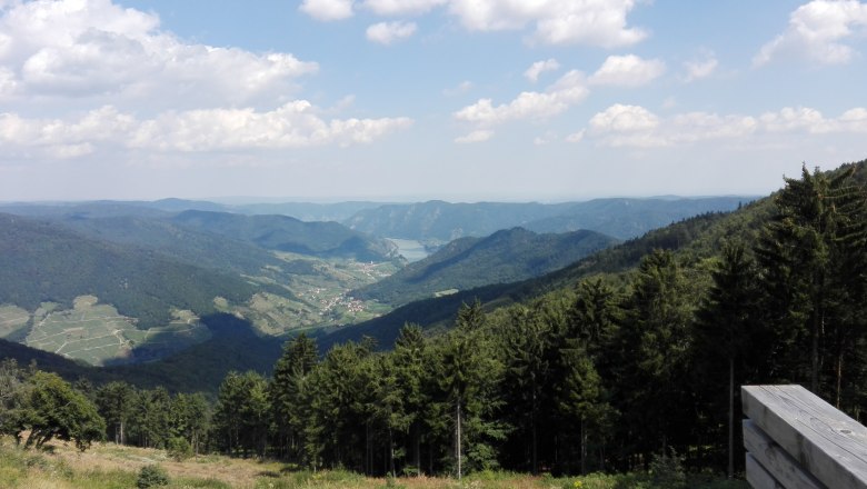 Aussicht im Naturpark Jauerling, © Naturpark Jauerling Birgit H. Panoramablick über bewaldete Hügel und ein Tal im Naturpark Jauerling, mit blauem Himmel und Wolken.