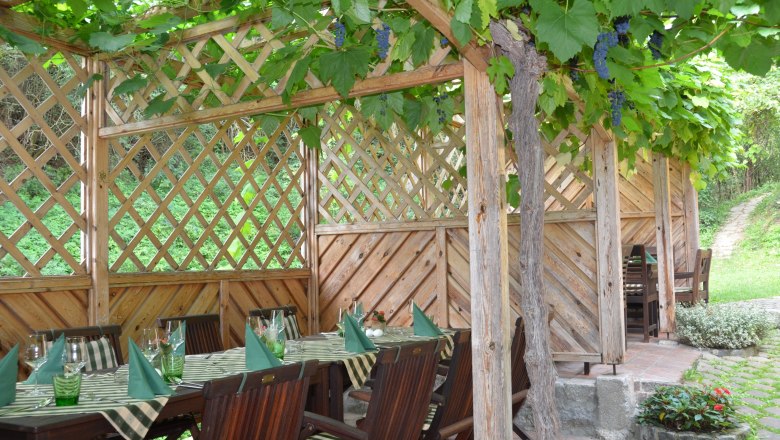 Guest garden, © Weinstube Aichinger A guest garden with wooden tables and chairs, covered by a pergola with vines.
