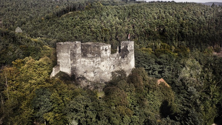 Kronsegg ruins, © POV, Fotograf Robert Herbst Aerial view of the Kronsegg ruins in the middle of a dense forest.