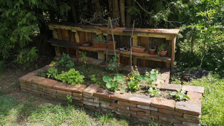 Schaugarten Watzl Albrechts (10), © Brigitte Watzl Ein Hochbeet aus Ziegelsteinen mit Pflanzen und einer Holzablage im Hintergrund, umgeben von Bäumen und Gras.