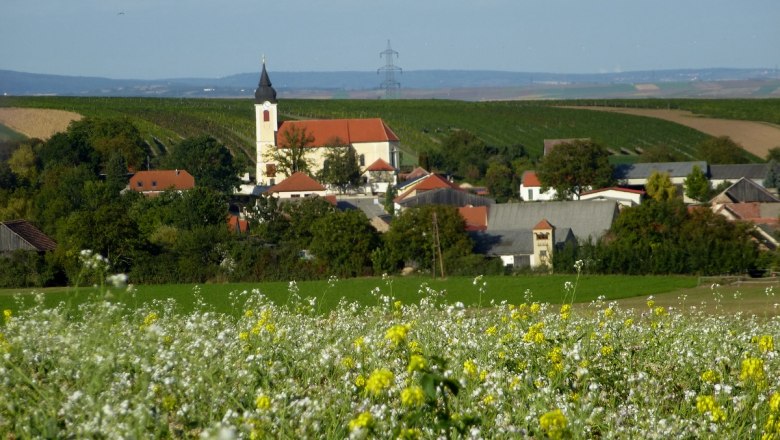 Unterdürnbach, © Winzerhof Hofstötter Blick auf ein Dorf mit Kirche und roten Dächern, umgeben von grünen Feldern und Hügeln.