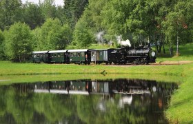 Waldviertelbahn, © knipserl.at Eine historische Dampflokomotive zieht grüne Waggons durch eine grüne Landschaft, die sich in einem ruhigen Teich spiegelt.