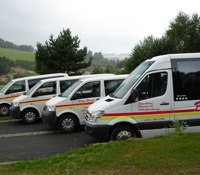 Small, © Klein Four white vans with yellow and red stripes are parked next to each other in a parking lot.