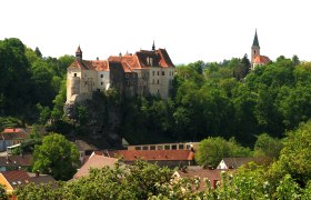 Burg Raabs, © Waldviertel Tourismus, Reinhard Mandl Burg Raabs auf einem Hügel mit umliegenden Bäumen und Häusern.