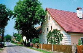 Mostgwölb Müllauer, © Mostgwölb Müllauer Straße mit traditionellen Häusern und Bäumen in einer ländlichen Umgebung.