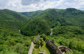 Kamptalwildnis, © Waldviertel Tourismus, Matthias Schickhofer Blick auf eine grüne, bewaldete Landschaft mit Fluss und Burgruine im Vordergrund.