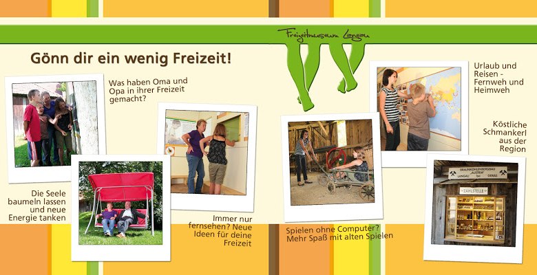 Schautafeln zum Thema Freizeit, © Freizeitmuseum Langu Collage mit Freizeitaktivitäten und Texten zu Freizeitgestaltung.