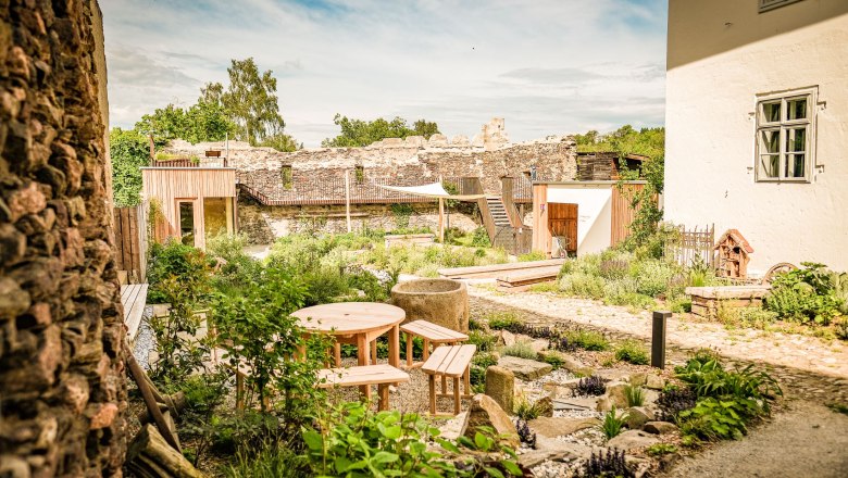 Übernachten im Stadt-Loft, © SONNENTOR Ein Garten mit Holztischen und Bänken, umgeben von alten Steinmauern und Pflanzen, unter einem blauen Himmel.