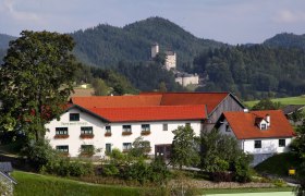 Ferienhof Stanzl, © Ferienhof Stanzl Ein Bauernhof mit roten Dächern vor einer bewaldeten Hügellandschaft und einer Burg im Hintergrund.