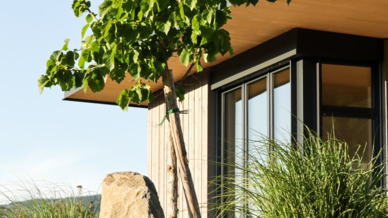 Lodge Libelle von außen, © Familie Moser Moderne Lodge mit Holzverkleidung, umgeben von Bäumen und Gras.