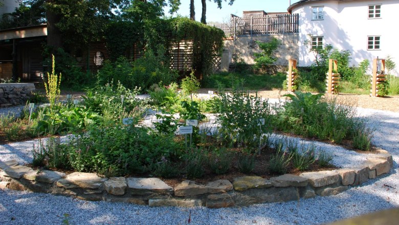 Schildgarten in der GartenWerkstatt, Therapiegarten Schloss Schiltern, © PSZ Ein gepflegter Garten mit verschiedenen Pflanzen und Schildern, umgeben von Bäumen und einem Gebäude im Hintergrund.