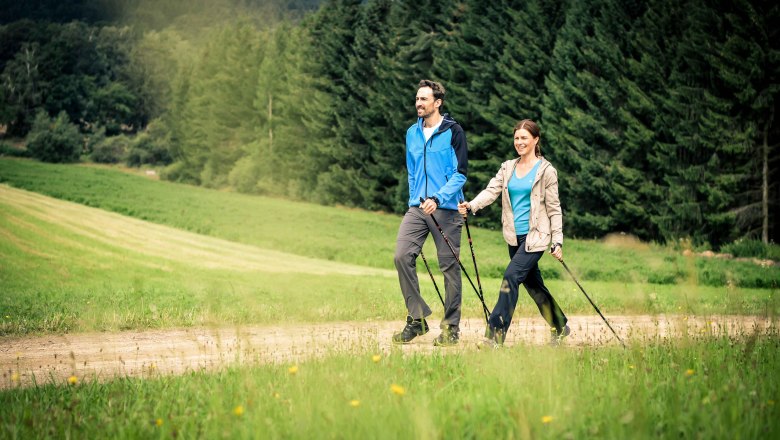 18_web_health_week, © Moorheilbad Harbach A couple Nordic walking on a country lane in front of a forest.