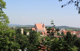 Blick Eggenburg, © C. Dafert Panoramablick auf Eggenburg mit Kirche und umliegenden Gebäuden, umgeben von Bäumen und Hügeln im Hintergrund.