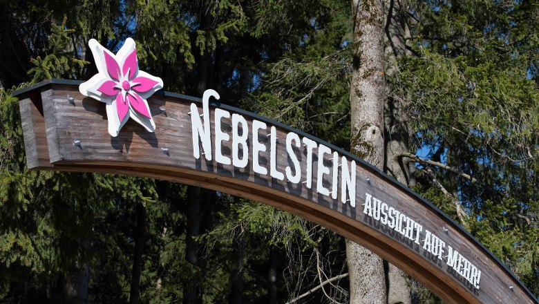 Ausflugsparadies Nebelstein, © Christian Freitag Holzschild mit der Aufschrift 'Nebelstein Aussicht auf mehr!' und einer pinken Blume, umgeben von Bäumen.