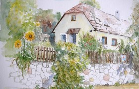 Aquarell, © Ferienhaus Fam. Koch Aquarell eines Hauses mit Garten und Sonnenblumen.