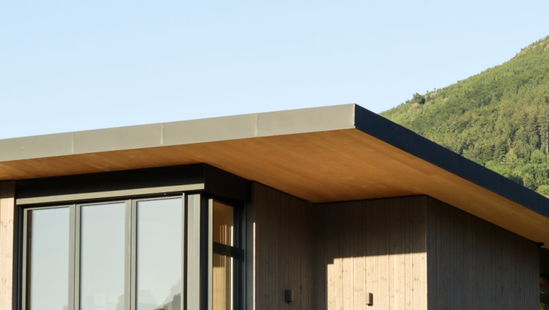 Lodge Libelle mit Blick auf den Peilstein, © Familie Moser Moderne Lodge mit Flachdach und großen Fenstern, umgeben von grüner Landschaft.