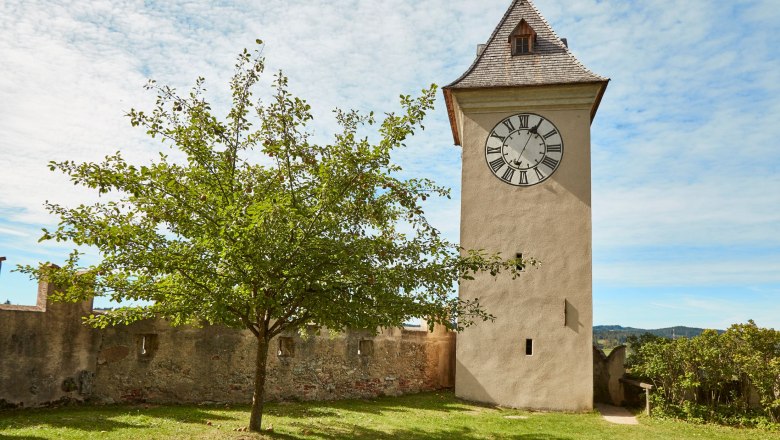Rappottenstein Castle, © Waldviertel Tourismus, lichtstark.com A clock tower with Roman numerals next to a tree in a meadow, surrounded by an old stone wall.