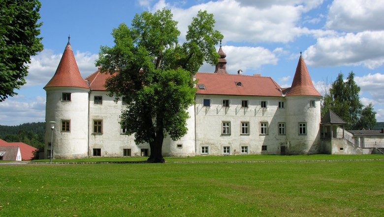 Ein historisches Schloss mit roten Dächern und Türmen, umgeben von grüner Wiese und Bäumen, unter einem blauen Himmel mit weißen Wolken.