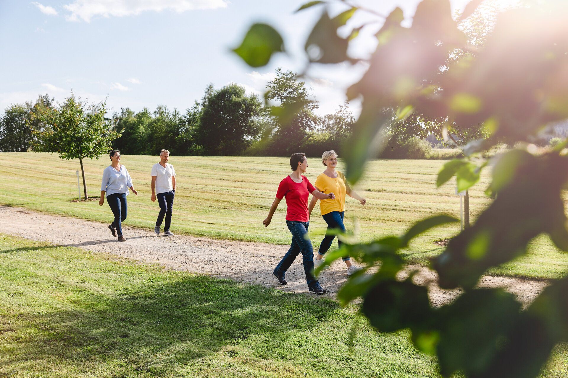 In der sanften Abendsonne genießen die Spaziergänger die frische Luft und die malerische Landschaft. Die sanften Hügel und die üppigen Wiesen laden zu einem gesunden Lebensstil ein, während die Natur zur Erholung und Entspannung einlädt.