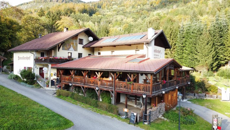 Luftaufnahme des Forellenhofs in einer bewaldeten Umgebung.