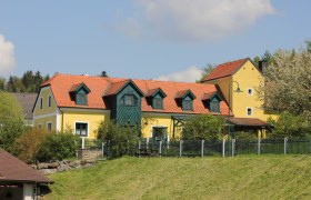 Gelbes Haus mit rotem Dach und grünen Fensterläden, umgeben von Bäumen und einem Zaun.