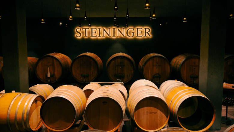 Wine cellar with wooden barrels and the lettering 'Steininger' on the wall.