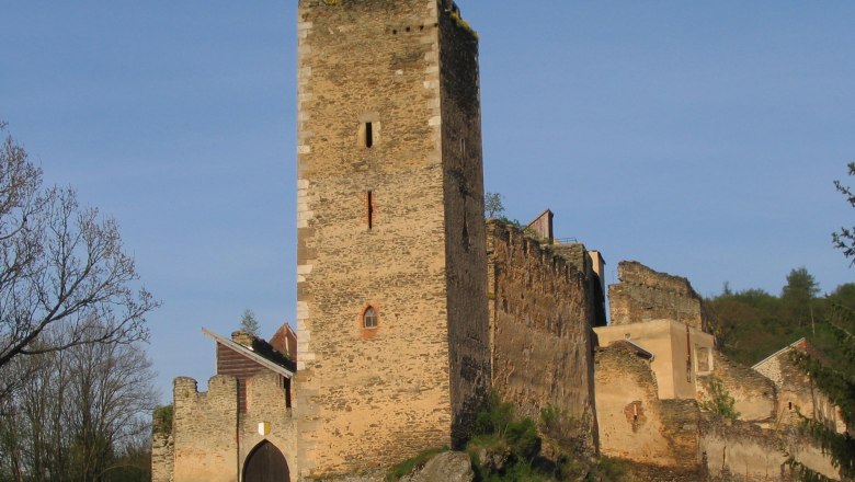 Ruine der Burgruine Kaja mit einem hohen Turm und einer Br&uuml;cke im Vordergrund.