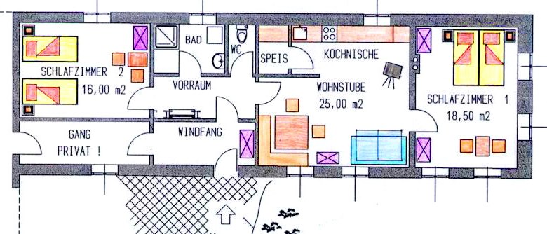 Grundriss einer Wohnung mit zwei Schlafzimmern, Wohnstube, Küche, Bad und Vorraum.