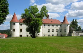 Ein historisches Schloss mit roten Dächern und Türmen, umgeben von grüner Wiese und Bäumen, unter einem blauen Himmel mit weißen Wolken.