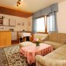 Gemütliches Wohnzimmer mit Sofa, Teppich, Tisch und kleiner Küchenzeile.