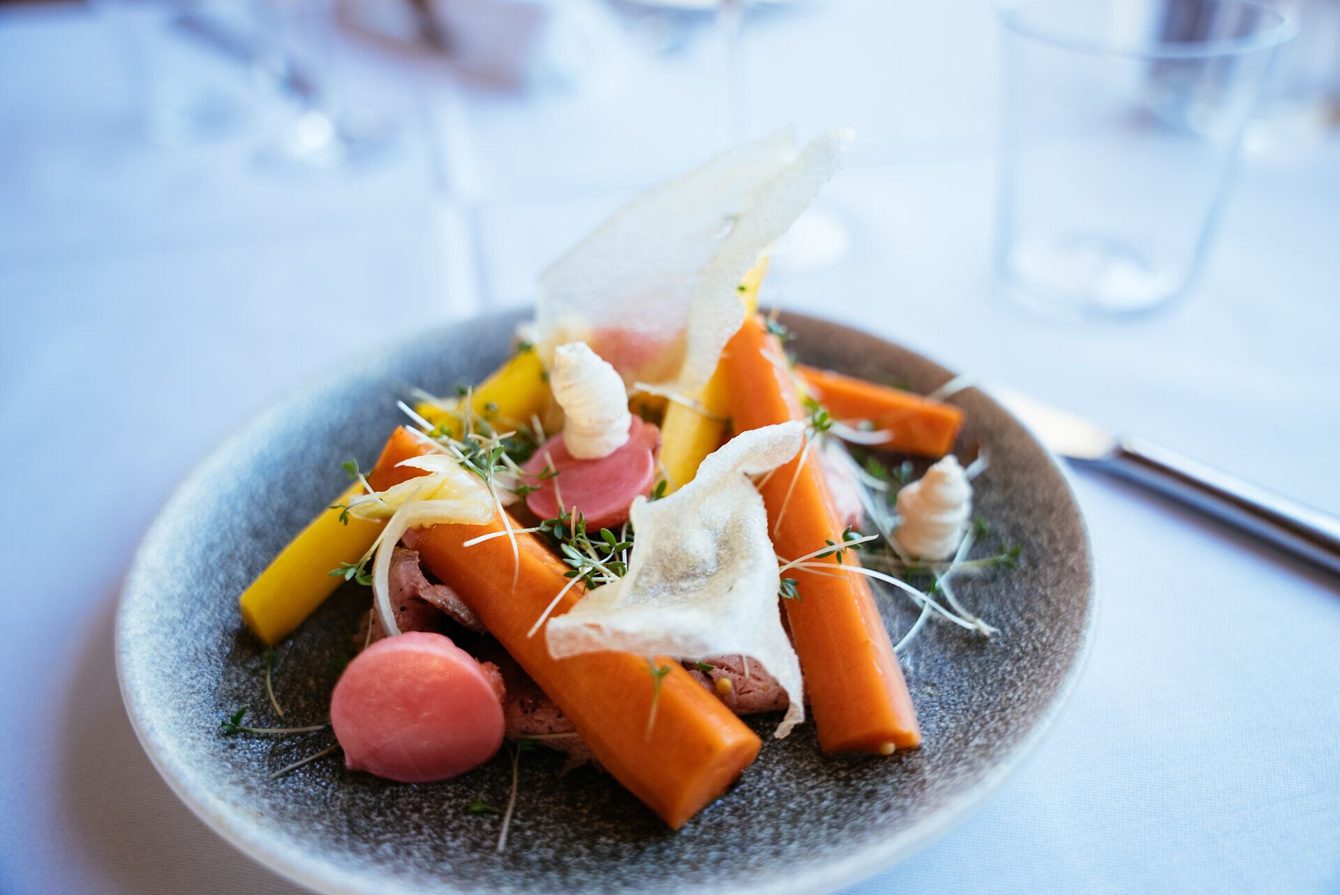 Ein kunstvoll angerichteter Teller vereint frische, bunte Gemüse und zarte Fleischstücke, die die Sinne anregen. Die harmonischen Farben und die kreative Präsentation laden dazu ein, die kulinarischen Köstlichkeiten in vollen Zügen zu genießen. Hier wird die Wirtshauskultur Niederösterreichs auf höchstem Niveau zelebriert.
