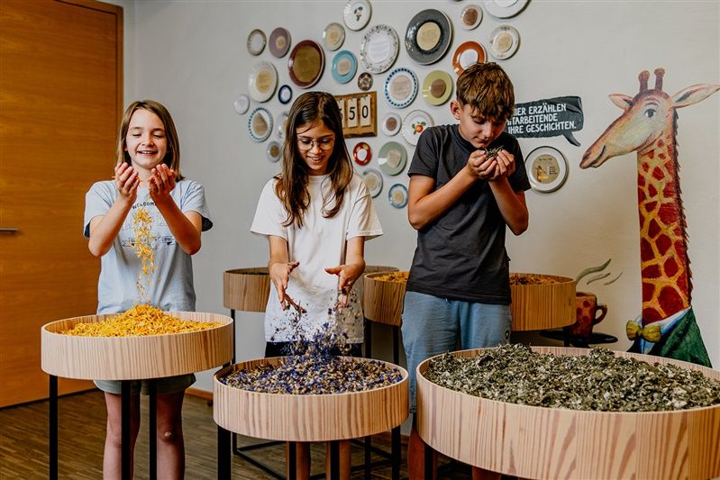 Drei Kinder stehen vor Tischen mit getrockneten Kräutern und Blumen, lächelnd und spielend. Im Hintergrund sind dekorative Teller an der Wand.