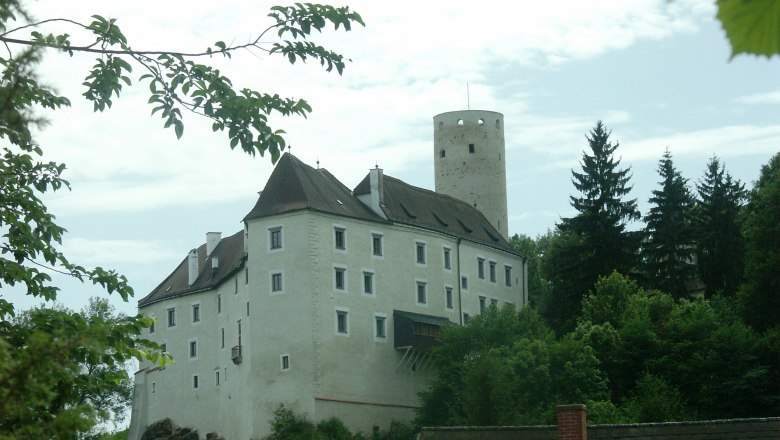 Burg Karlstein umgeben von Bäumen und einem blauen Himmel.