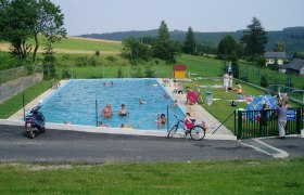 Ein Freibad mit mehreren Menschen, umgeben von gr&uuml;ner Landschaft und B&auml;umen.