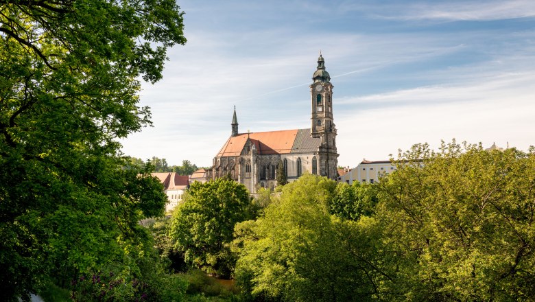Stift Zwettl, © Stift Zwettl, Studio Kerschbaum Kirche inmitten von Bäumen und blauem Himmel.