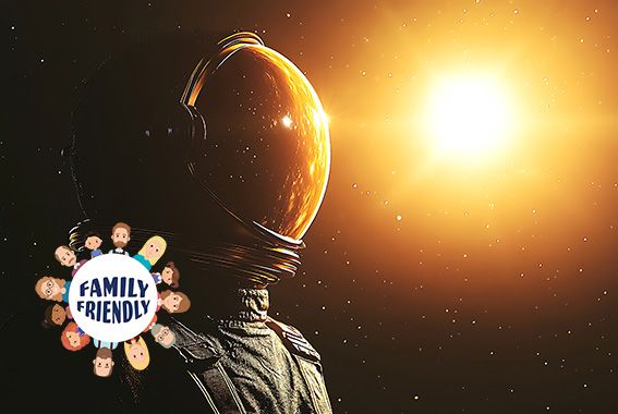 Astronaut schaut im Weltraum auf einen Stern; Konzept der Erkundung, Hintergrund von Kosmos und Gala