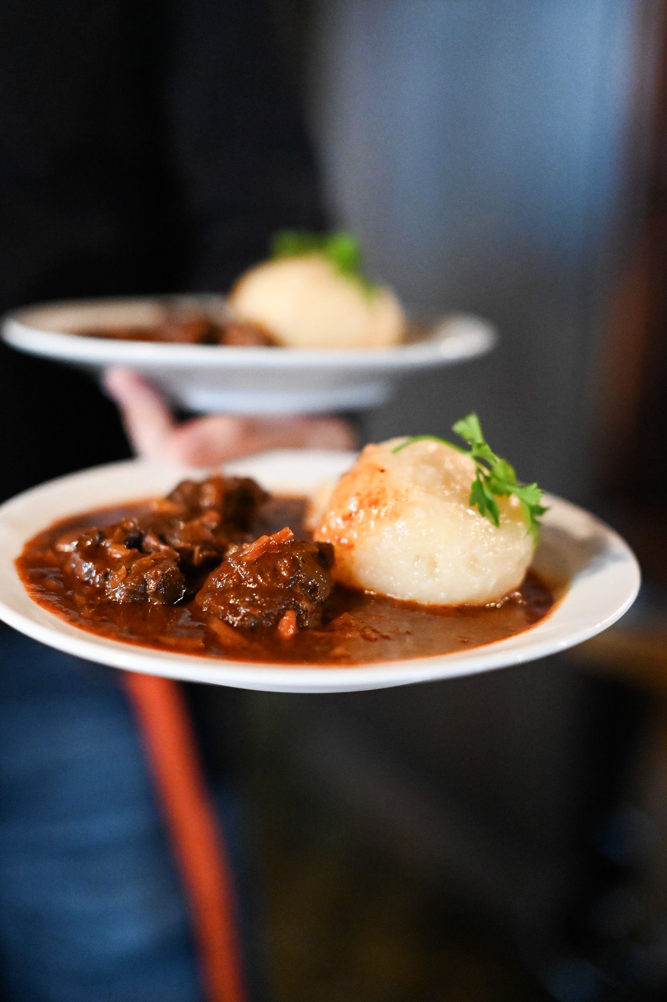 Ein Teller mit Rindsroulade und einem Kartoffelknödel, garniert mit Petersilie.