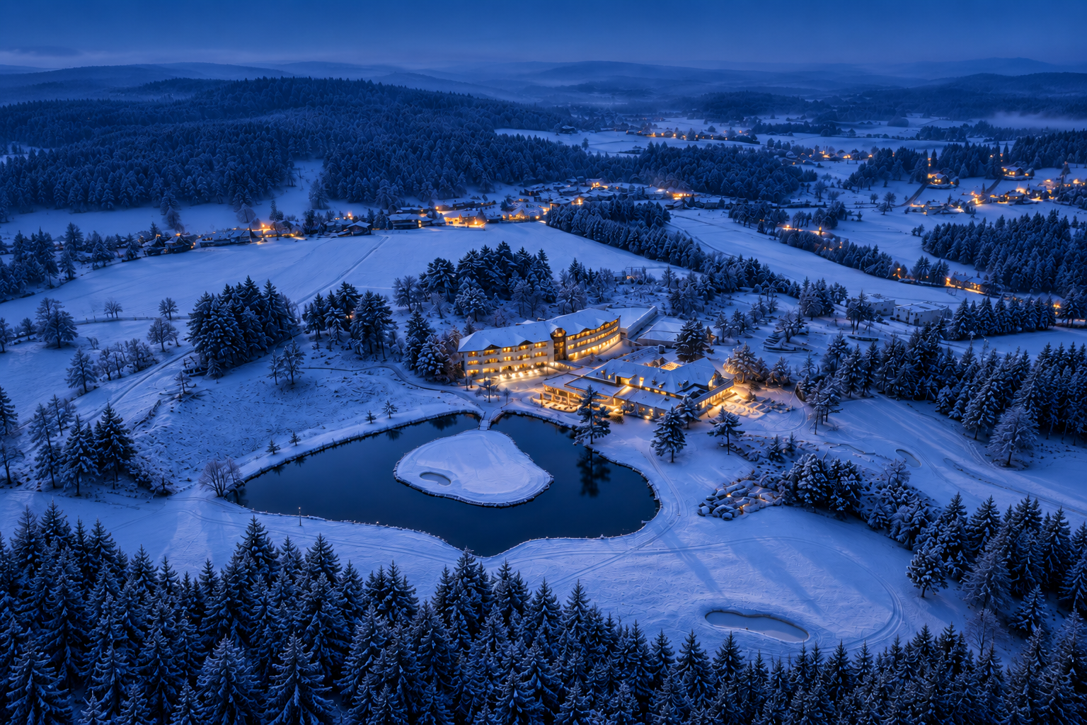 Winterlandschaft am Golfresort Haugschlag mit verschneiten Wäldern, beleuchteten Gebäuden und einem zugefrorenen Teich bei Dämmerung.
