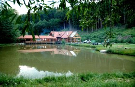 Ein Geb&auml;ude mit rotem Dach spiegelt sich in einem Teich, umgeben von B&auml;umen und Wiese.