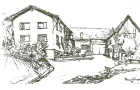 Skizze eines Bauernhofs mit mehreren Gebäuden und einem Innenhof.