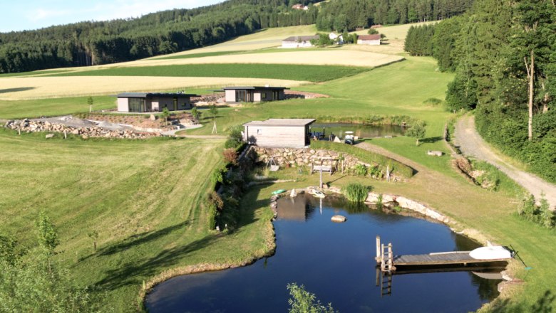 Landschaft mit Teich, Wiese und Peilstein im Hintergrund.