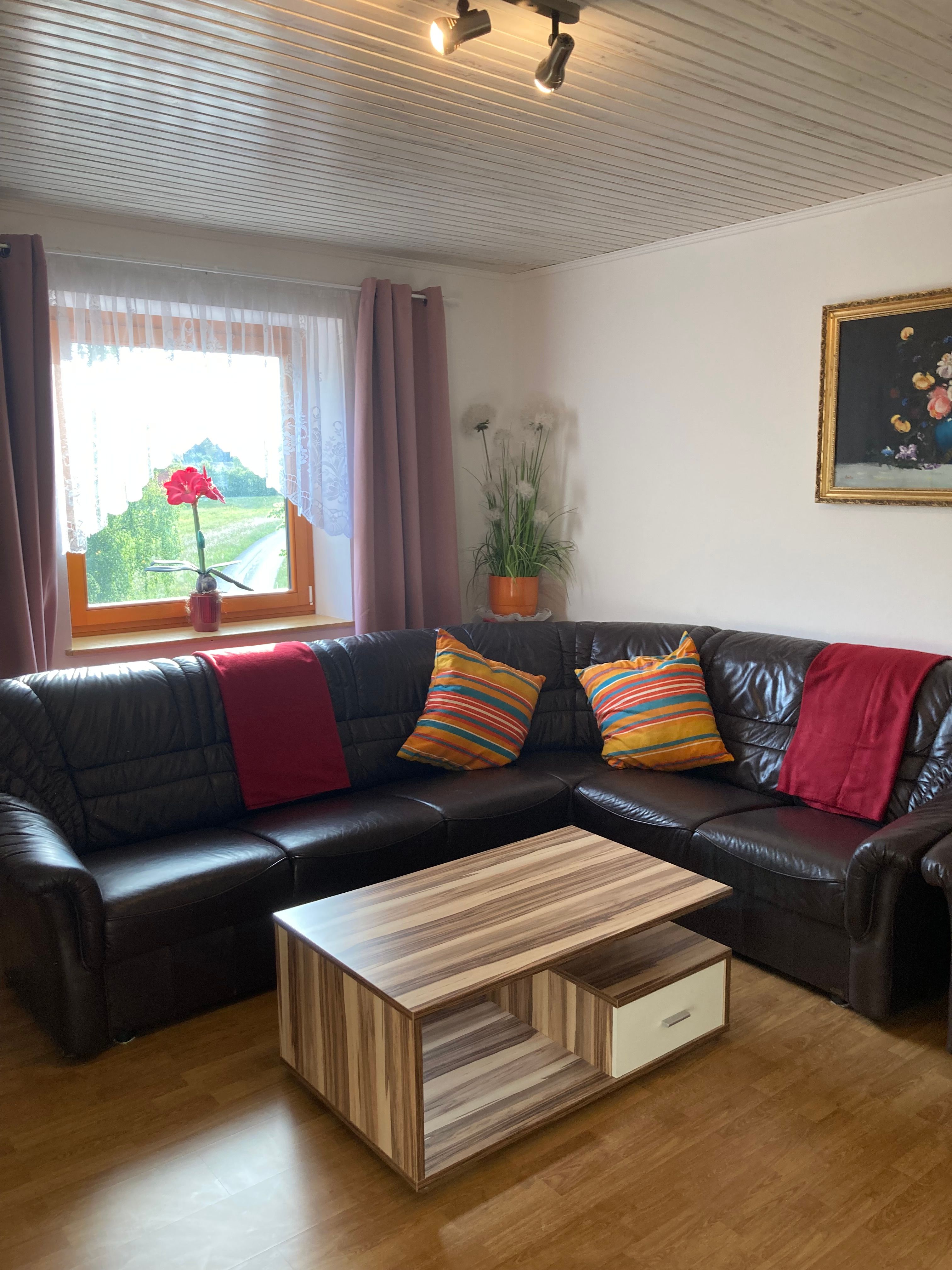 Wohnzimmer mit braunem Ledersofa, Holztisch, bunten Kissen und Fenster mit Vorhängen.