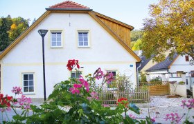 Ein weißes Ferienhaus mit roten Dachziegeln und einem Gartenzaun, umgeben von blühenden Blumen und Bäumen im Herbst.